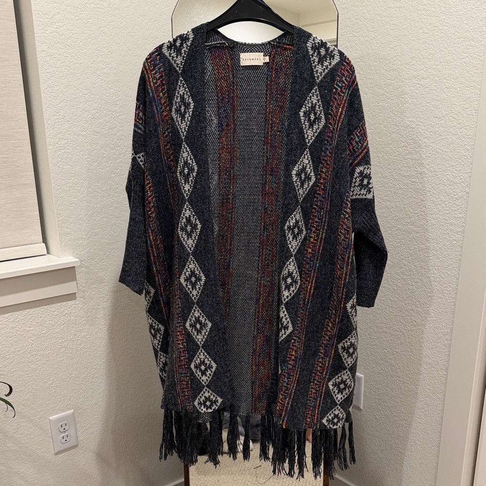 Multicolor Fringe Open-Front Sweater